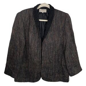 Elisabeth Jönsson Brown Med Tweed‎ Herringbone Jacket Shawl Collar Open Front